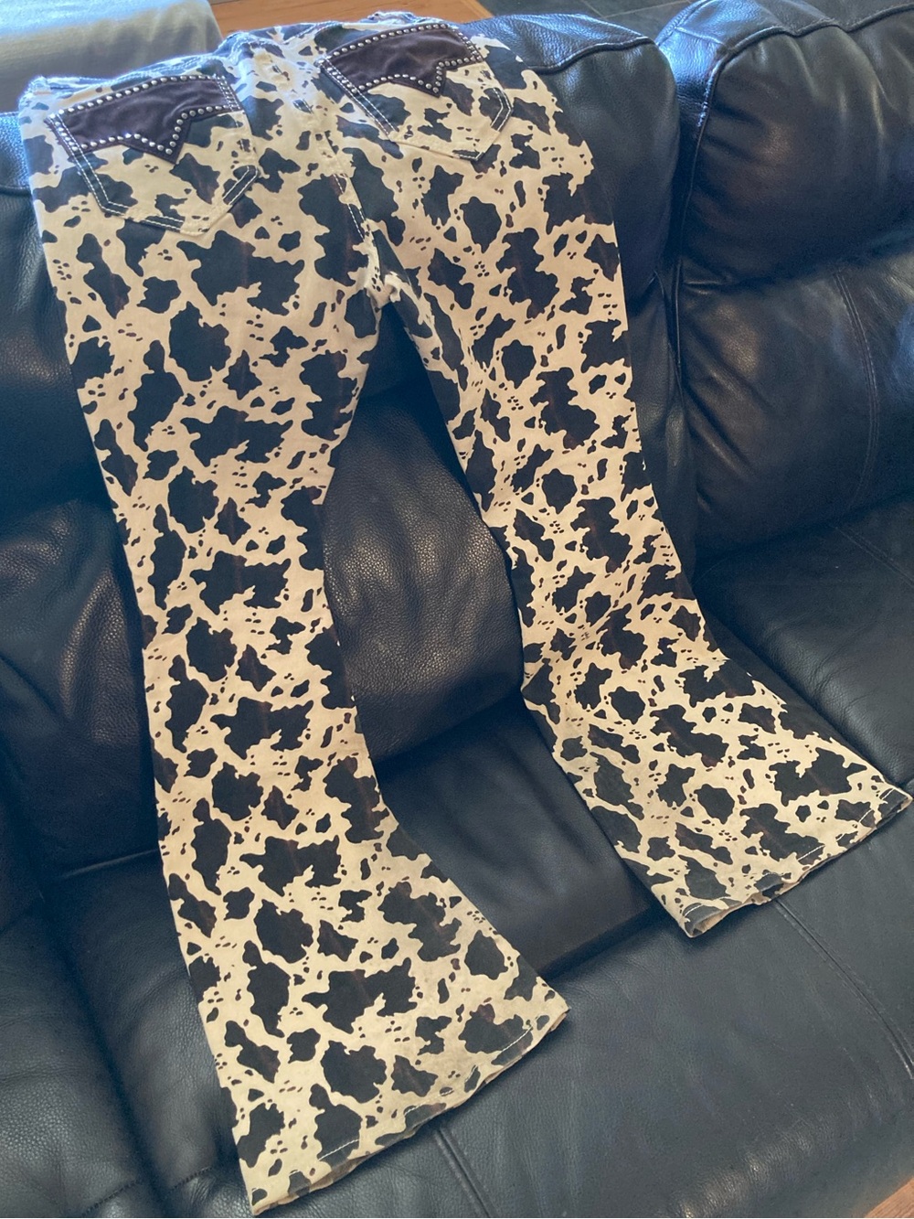 Rock & Roll Cow Print Flare Leg Jeans in Black, Brown & Cream - Picture 5 of 7